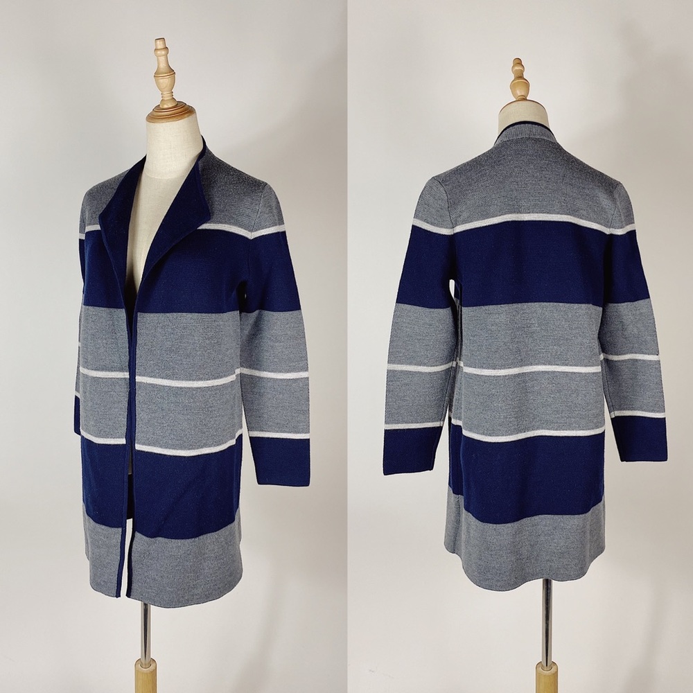 TALBOTS Merino Navy Gray Colorblock Duster Cardigan MPetite